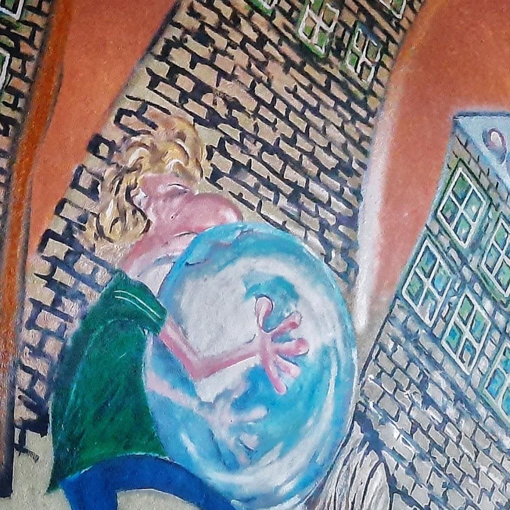 A cartoon man holds a large blue orb. Brick wall and building are in the background.